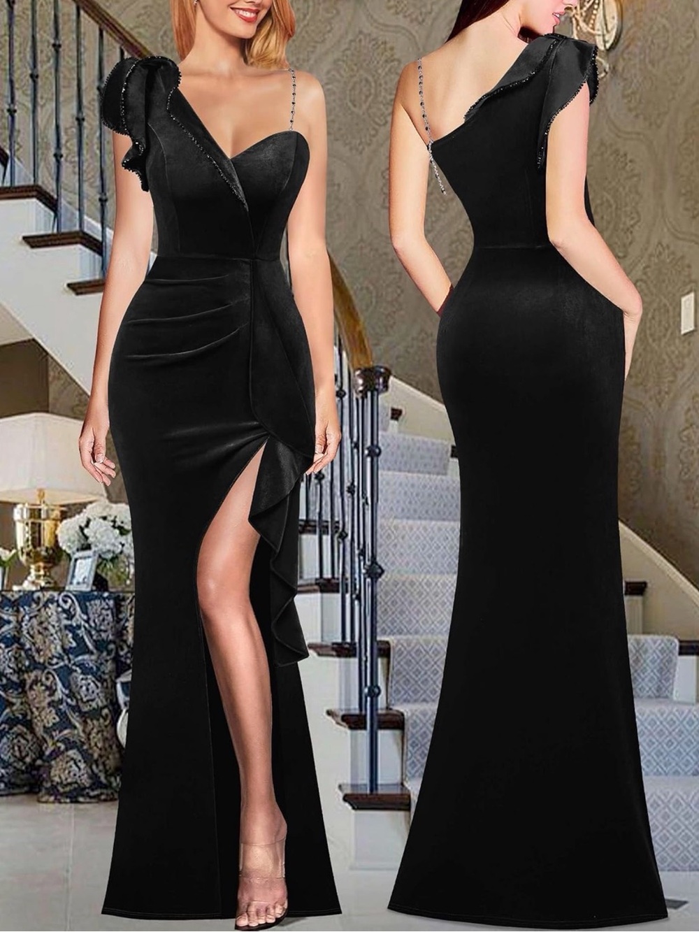 NWT Elegant One-Shoulder Black High-Low Evening Gown Ruffle & Chain Strap, XS